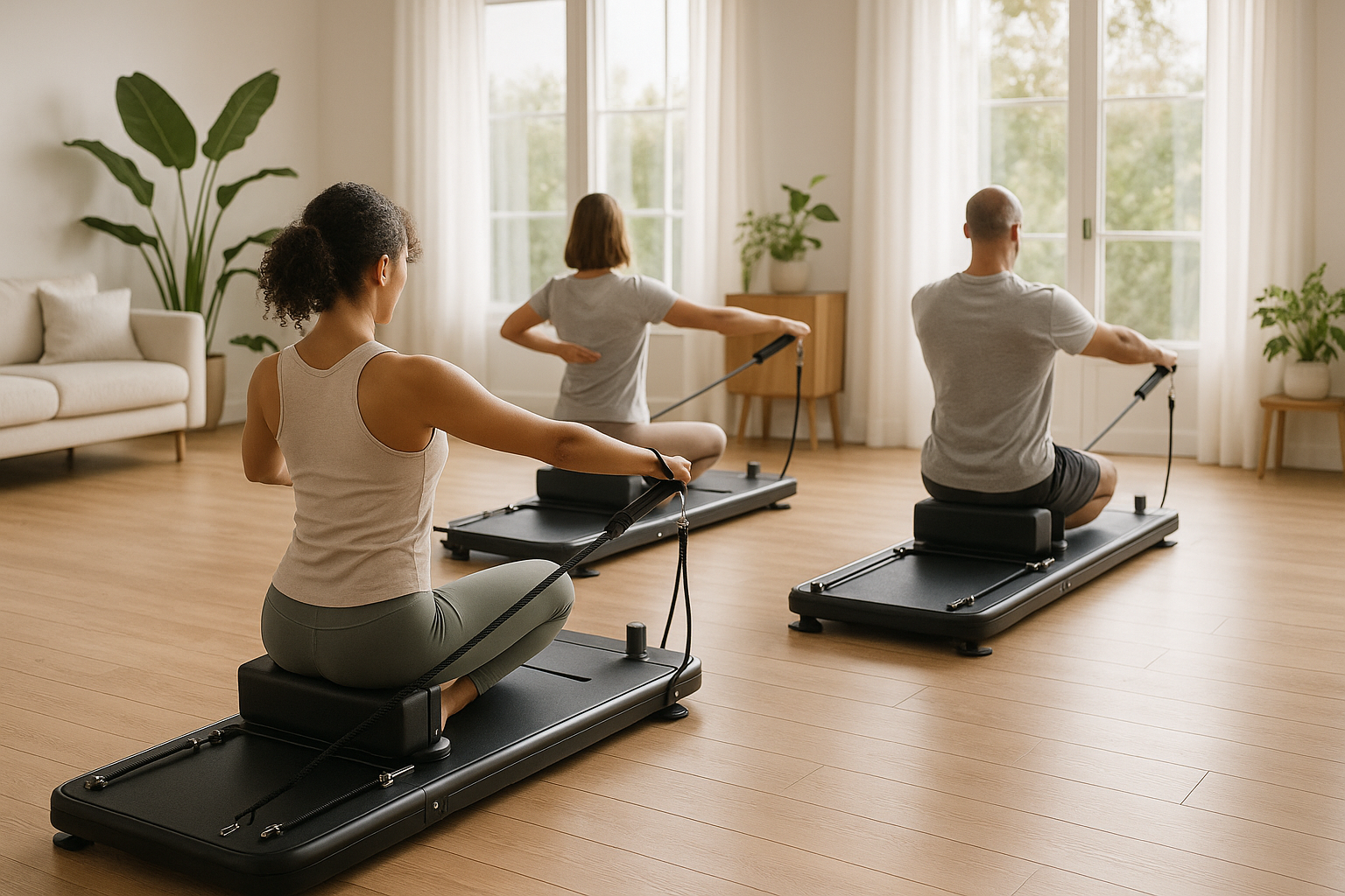 create some using the product list in:https://umayfitness.com/products/umay-tb10-5-in-1-portable-pilates-board-reformer. They need to be facing away and the setting needs to be at home